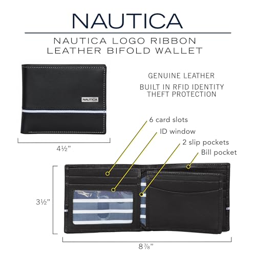 Nautica Men's Bifold Leather Wallet | RFID Blocking | ID Window | Card Slots | Organization | Durable | Stylish - color: Logo Ribbon - Brown