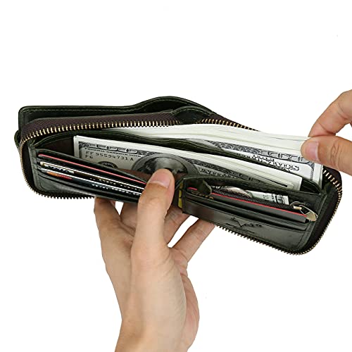 MING CLAN Leather RFID Blocking Bifold Wallet For Men With Zipper, Flap ID Window Zip Coin Pocket, Big Capacity Credit Card Holder For Travel - color: Green