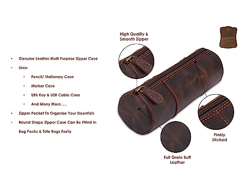 The Antiq Leather Pencil Case, Make-up Pouch, Leather Zipper Pouch- Brown - color: Brown