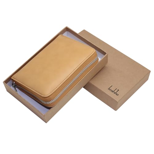 boshiho RFID Blocking 24 Slot Credit Card Holder Wallet Real Leather Multi Card Organizer Wallet with Zipper - color: yellow