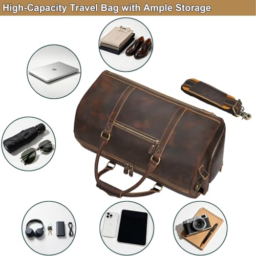 Genuine Leather Weekender Duffel Bag with Separate Shoe Compartment Carry On Travel Overnight Gym Bag, Coffee Brown