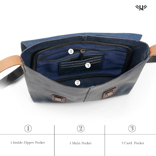 Leather Messenger Bag for Men & Women, Over the Shoulder Bag for Women Crossbody & Mens Briefcase Office Bag - color: Finesse Navy
