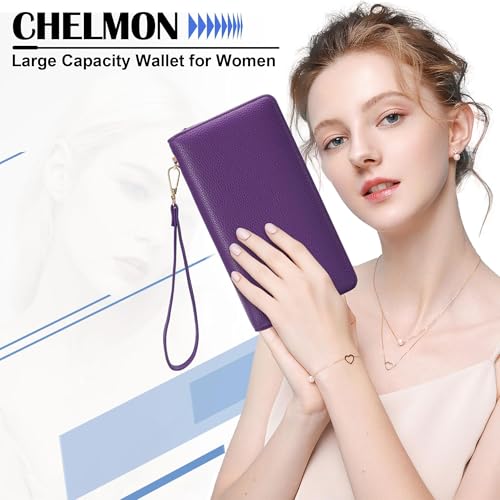 Chelmon Women's Vegan Leather Clutch Wallet with Zip, Hand Strap, Large Capacity - color: Pebble Purple