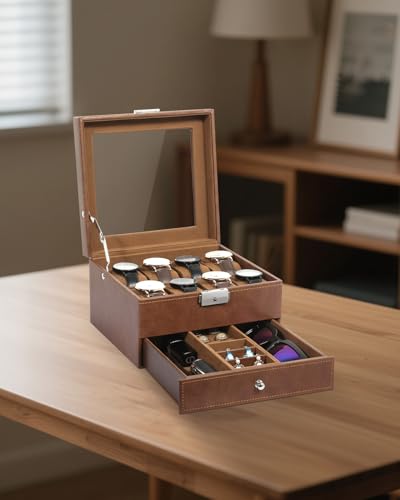Uten Watch Case 8 Slot, 2- Layer PU Leather Watch Box with Lock, Brown - color: Brown, size: 2-layer 8 Slots