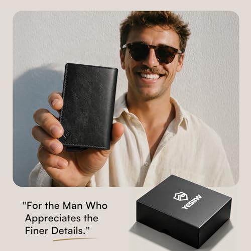 YESIIW RFID Blocking Wallet for Men — Trifold Pop Up Card Holder Holds 8–11 Cards & 10 Bills, Premium Leather Slim Wallet with Magnetic Closure & Zippered Coin Pocket | Birthday Gift for Men - color: A01-Black