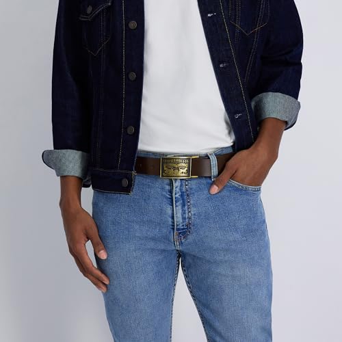 Levi’s Men’s Leather Jean Belt with Removable Plaque Buckle, Western‑Style Cowboy Belt for Everyday Wear - color: Brown Snap, size: 38-40