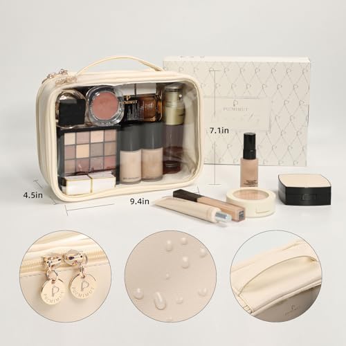 Pocmimut Clear Makeup Bag,Double Layer Large Cosmetic Bag with Makeup Brush Bag,TSA Approved Toiletry Bag Makeup Case Car Accessories Travel Essentials Organizers for Women,Begie - color: Beige, style: Large