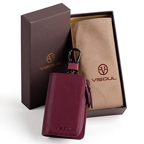 VISOUL Car Key Case Holder Double Zipper, Leather Car Smart Key Fob Case with Keychain for Men and Women - color: Dark Purple