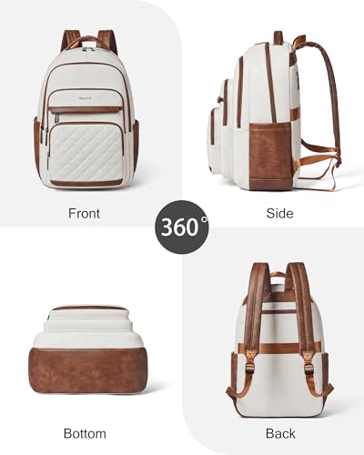 Bluome Work Backpack for Women Men, Laptop Vegan Leather Backpack Purse with 15.6–17 Inch Laptop, Multi-Pocket Bookbag for Office Travel Gym Weekend Overnight Bag, Beige - color: Beige