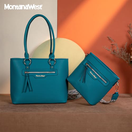 Montana West 2Pcs Tote Bag and Crossbody Set for Women Large Shoulder Handbag with Guitar Strap - color: Turquoise
