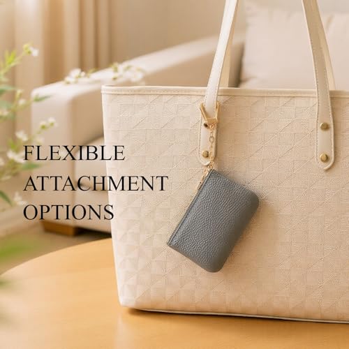 Full Grain Leather Coin Purse with Key Chain - Small Change Purse Keychain Card Holder Keychain Pouch Small Keychain Wallet for Women and Men (Gray) - color: Gray, Regular Size