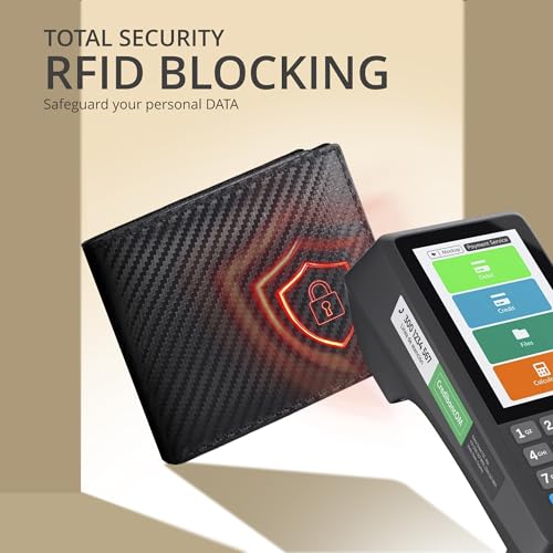 Slim Leather Wallet Men RFID Blocking Front Pocket with ID Window, Black - color: Black Carbon Fibre