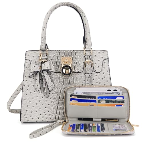 Qiyuer Women High End Satchel Tote Shoulder Handbags Purses Wallet Set | Sturdy Structured & Spacious, Vegan PU Leather, Chic, Bow, 2pcs, RFID Clutch Wallet, Ideal Gift, Versatile for Daily & Work - color: A11-2pcs/Set Grey