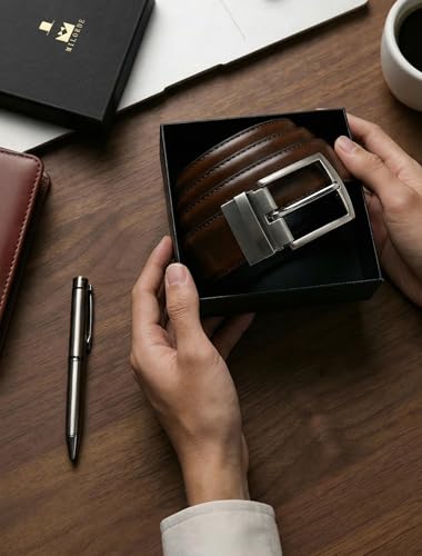 Men's Reversible Belt | Premium Leather, Double Style in One Strap, Scratch-resistant buckle, Dress Belt for Business & Casual Wear, Gift Box - color: Black/Dark Brown - M916, size: 40 (Fits Waist 38"-39"Adjustable)