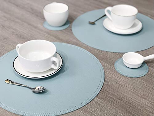 Set of 6 Faux Leather Round Placemats and Coasters, Coffee Mats Kitchen Table Mats, Waterproof, Easy to Clean for Kitchen Dining Round Table - color: A Teal Blue, size: Set of 6