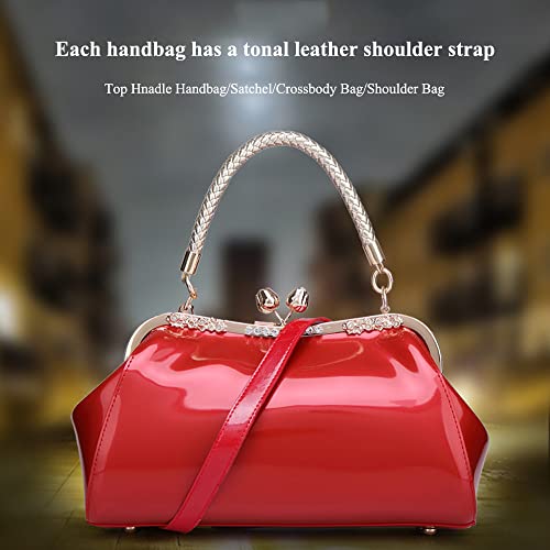 Glossy Patent Leather Evening Bag Women Braided Handle Kiss Lock Handbag - color: Pink