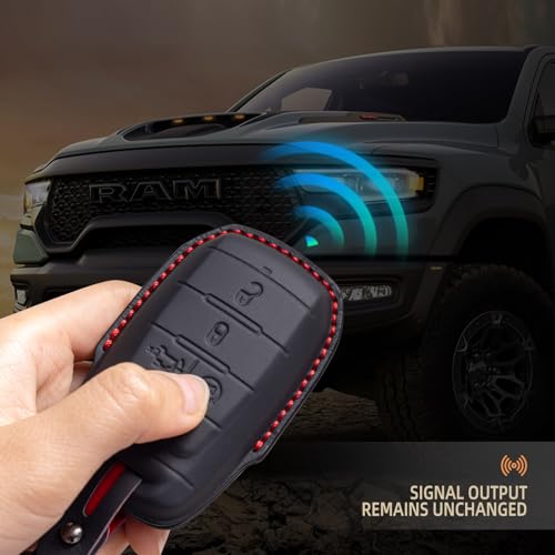 Genuine Leather Keyless Entry Remote Control Smart Key Case Cover with Leather Key Strap Compatible with Dodge RAM 1500,2500, 3500, 4500, 5500 2019 - 2025 Key Shell (Black, 4-Button) - color: Black, size: 4-Button