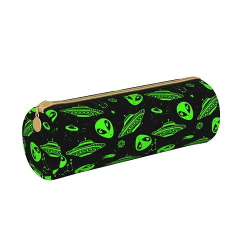 Green Ufo Alien Star Leather Pencil Case Zipper Pen Makeup Cosmetic Holder Pouch Stationery Bag For School, Work, Office - color: Green UFO Alien Star