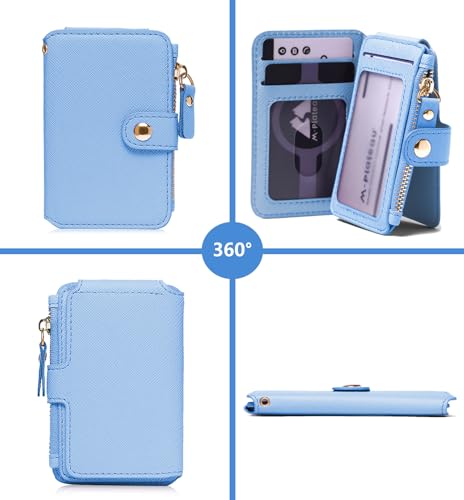 M-Plateau RFID Blocking Keychain Wallet With Leather Wrist Strap | Keychain Wristlet, Womens Card Holder with Zipper Coin Pocket and ID Window - color: Sky Blue