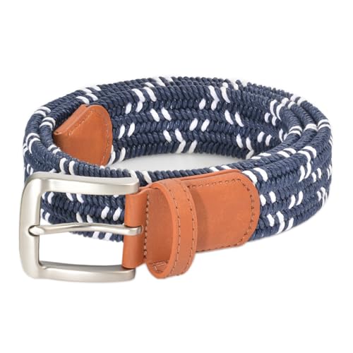 Elastic Woven Golf Belt Men – Braided Stretch Belts for Men, No Hole Adjustable Nylon - color: Dark Blue and White, size: 38-40