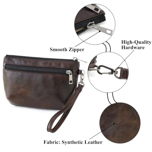 Small Wristlet Wallets for Women, Zip Clutch Bag with Wristlet Pouch, 3-Zipper Original Design - color: Coffeebrown/Pull-up-pvc