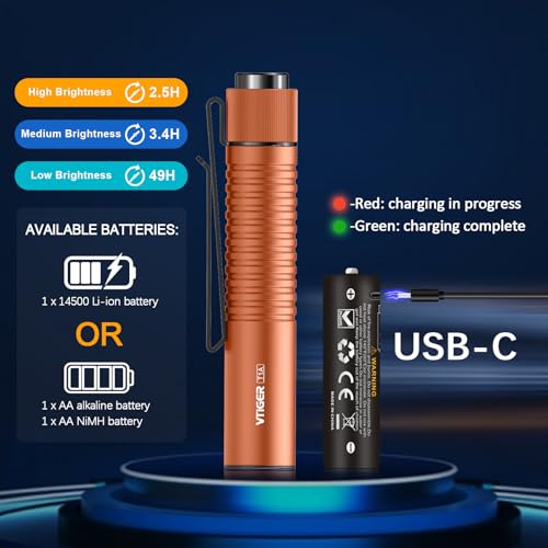 VTIGER T1A Mini Pocket EDC Flashlight with Clip,1300 Lumen Compact AA Rechargeable LED Little Flashlights, Super Bright Tail Switch Small Flash Light with Magnet for Camping,Hiking,Outdoor,Emergency - color: Orange
