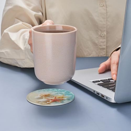 Beach Coasters for Drinks with Holder Round Leather Coasters Set of 6 Cups Mugs Mat Pad for Home Kitchen Bar - color: Beach