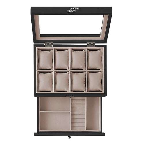 SONGMICS 8-Slot Watch Box, 2-Tier Watch Display Case with Large Glass Lid, Removable Pillows, Velvet Lining, Jewelry Box, Gift Idea, Ebony Black UJOW008B01 - color: Ebony Black, size: 2 Layer 8 Slot