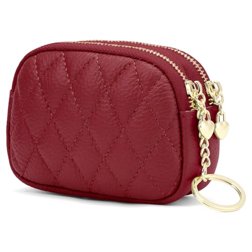 SENDEFN Women's Coin Purse Genuine Leather Wallet Small 2 Zippers Change Pouch Purse with Keychain Ring - color: 2-Red