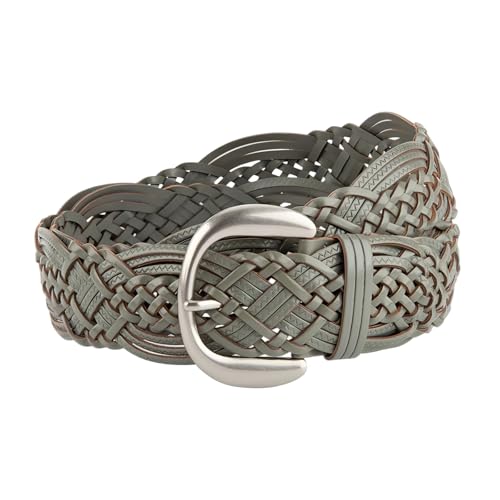 Women's Wide Braided Belt with Silver Buckle, Hand-Woven Design with Silver Buckle - color: Tan