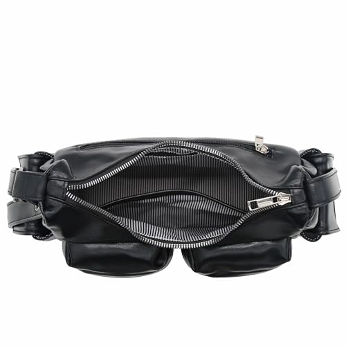 Glossy PU Leather Multi Pocket Shoulder Bag | Glossy Faux Leather - color: B Black