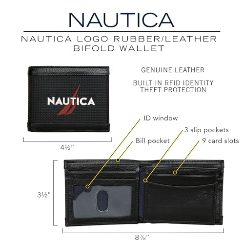 Nautica Men's Bifold Leather Wallet | RFID Blocking | ID Window | Card Slots | Organization | Durable | Stylish - color: Rubber/Leather - Black