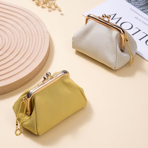Leather Kiss Lock Coin Purse, Lemon Yellow - color: Lemon Yellow