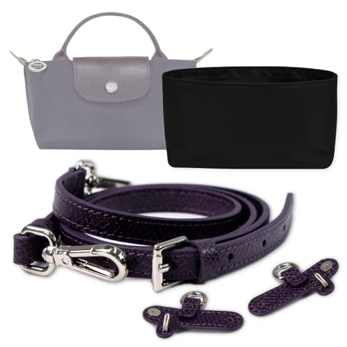 Longchamp 미니 백용 조절 가능한 가죽 어깨끈, 무료 지갑 오거나이저 인서트 포함 - color: 빌베리 퍼플 스트랩 + 무료 블랙 오거나이저