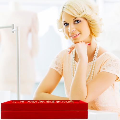 Jewelry Tray, 4 Pack Jewelry Organizer Velvet Jewelry Tray Stackable Jewelry Trays, Necklace & Earring Holder, Divided Bracelet & Ring Storage, 13.8"x9.5"x1.2" - Elegant Display Case (Red) - color: Red
