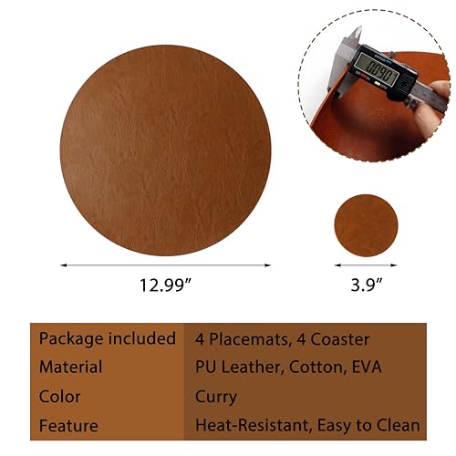 Embossed PU Leather Placemats, Waterproof Coffee Coasters, Kitchen Table Mats, Easy to Wipe Off for Dining Round Table - color: D Curry, size: Set of 4