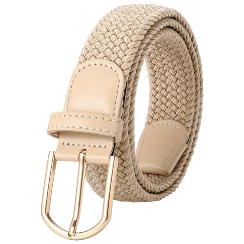 Women Braided Stretch Belts Elastic Canvas Woven Belts For Jeans Pants - color: A-khaki-gold Buckle, size: S: Fit Waist 29-33 Inches