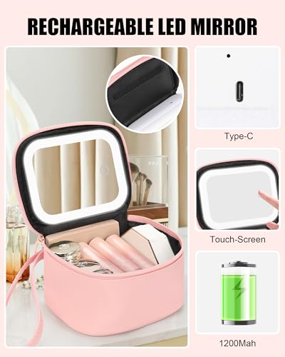 Relavel Mini Travel Makeup Bag with Led Mirror for Women, Pink L | Initial Cosmetic Bag with 3 Lights, Adjustable Brightness, Personalized Travel Toiletry Bag, Preppy Make Up Pouch for Trip - color: Pink, style: L