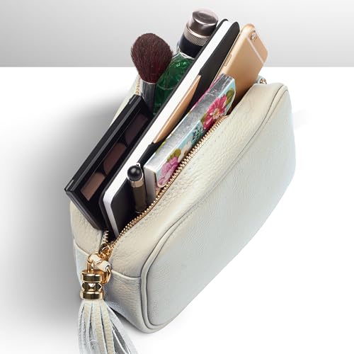 Italian Full-Grain Leather Crossbody Bag for Women, Small Purse | Soft genuine pebbled leather, structured body, camera bag style, zip top, gold-tone hardware, adjustable strap, inside pocket - color: Beige