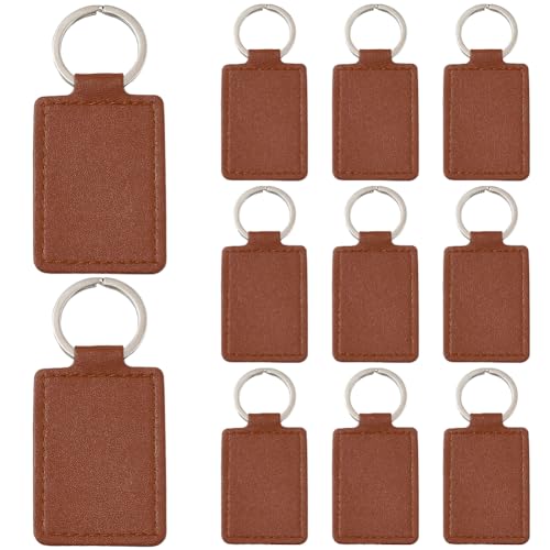 12PCS Rectangular PU Leather Keychain Blanks Brown Leather Key Fob Kits with Iron Keyring Blank Double Side Charm Kit Pendant Holder Bulk for DIY Craft Present Making Engraving Stamping - color: Brown