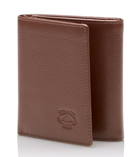 Stealth Mode Leather Trifold RFID Wallet For Men With Flip Out ID Holder | Top grain Napa leather, 3 ID windows, 10 card slots holding 15+ cards — a great gift for dads, husbands, and sons - color: Brown Pebble