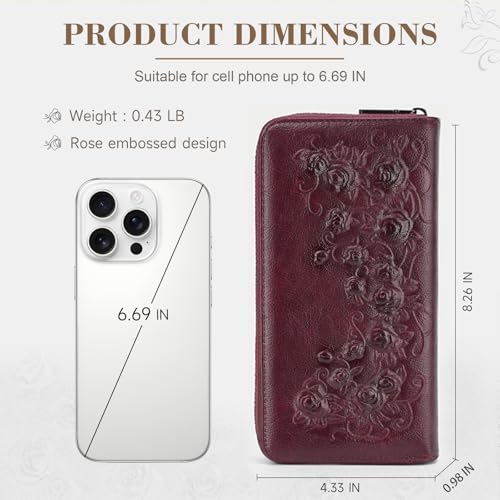 MEITRUE Womens Wallet Large Capacity Phone Clutch Purse RFID Floral Embossed Vegan Leather Travel Wallet with Wristlet Red - color: 07-red