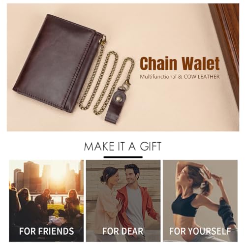 Genuine Leather Men's Wallet | Real Leather Trifold Men's Wallet | Genuine Leather Wallet in Crazy Horse Leather with ID Window and Chain (Brown) - color: brown