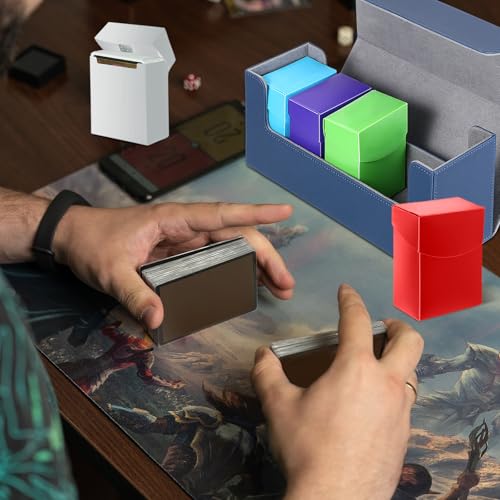 Silkfly 6 Pieces Deck Card Storage Box, 1 Leather Deck Case with 5 Plastic Card Boxes Playing Cards Box Compatible with Mtg Tcg Commander Card(Blue and Gray) - color: Blue and Gray