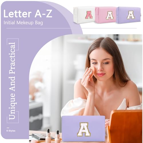 Personalized Makeup Bag Initial A-Z Preppy Patch Bag,Small PU Leather Travel Cosmetic Bag Pouch with Zipper,Purple Cute Toiletry Bag,Gift Ideal for Teen Girls Women Birthday Friend Mom,Latter A - color: Purple,White-Letter, size: A