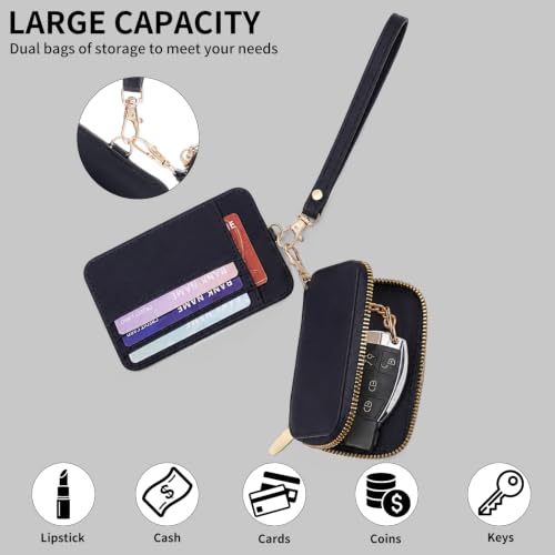 SENDEFN Keychain Wristlet Wallets for Women Dual Pouch Card Holder Wallet with Car Key Fob Case - color: Black