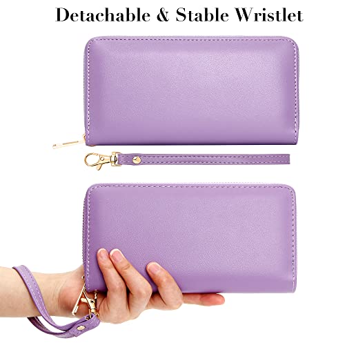 VOCUS Womens Wristlet Wallet Zip Around Clutch Wallet Large RFID Blocking PU Leather Bifold with Phone Holder for Travel - color: Solid Purple