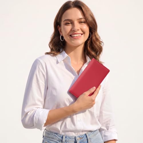 Tipmile Slim Wallet for Women, RFID Blocking Credit Card Holder | 1 Zipper Pocket, 1 ID Window, 3 Cash Compartments, 11 Card Slots - color: Red