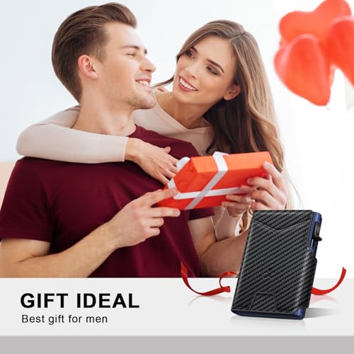 Wallet for Men Wallet with Slim Pop Up Card Holder 9-13 Cards, Bifold Minimalist Smart Wallet RFID Blocking Credit Card Holder with ID Window & Stretchable Cash Slot Compact Metal Aluminum Card Case - color: Carbon Fiber + Blue