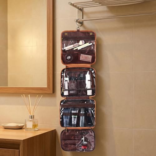 OXYEFEI Personalized Hanging Travel Toiletry Bag Gift for Men,Engraved Initial PU Leather Mens Large Toiletry Travel Essential Organizer Dopp Kit Shaving Bag for Him Birthday (P, Light Brown) - style: P